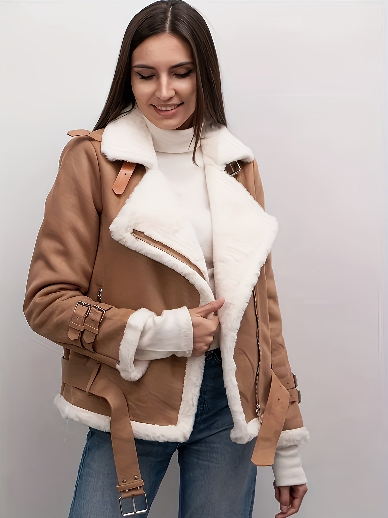 Women's Brown PU Leather Bomber Jacket with White Faux Fur Trim – Zip-Up Motorcycle Style, All-Season Casual Coat