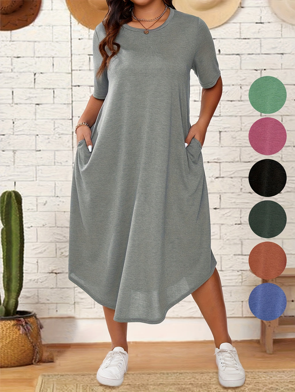 Plus Size Solid Crew Neck Tunic Dress - Casual Short Sleeve Summer Dress for Women