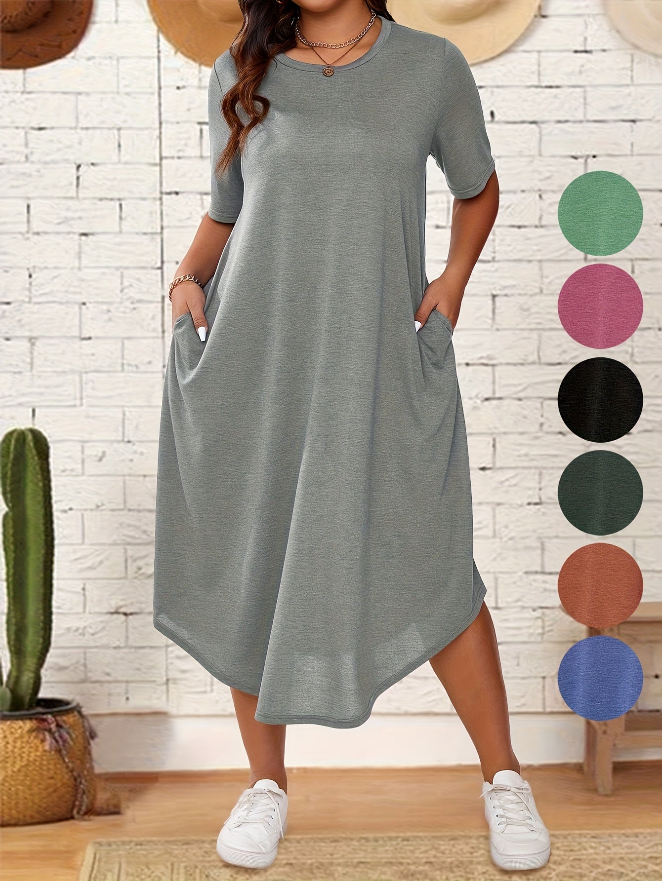 Plus Size Solid Crew Neck Tunic Dress - Casual Short Sleeve Summer Dress for Women