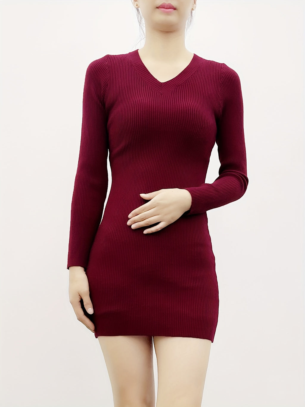 Women's Elegant V-Neck Knit Sweater Bodycon Dress - Long Sleeve Fall Winter
