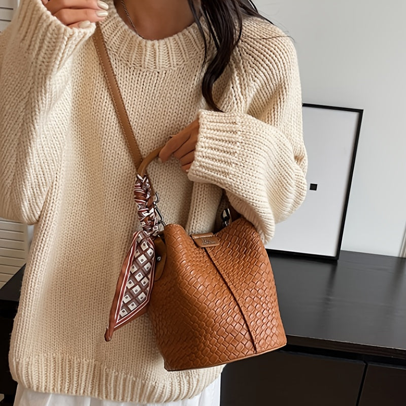 Women's Woven Bucket Handbag & Crossbody Bag - Detachable Strap, Gold-Tone Hardware, PU Leather Tote (Black, Beige, Green, Dark Brown)