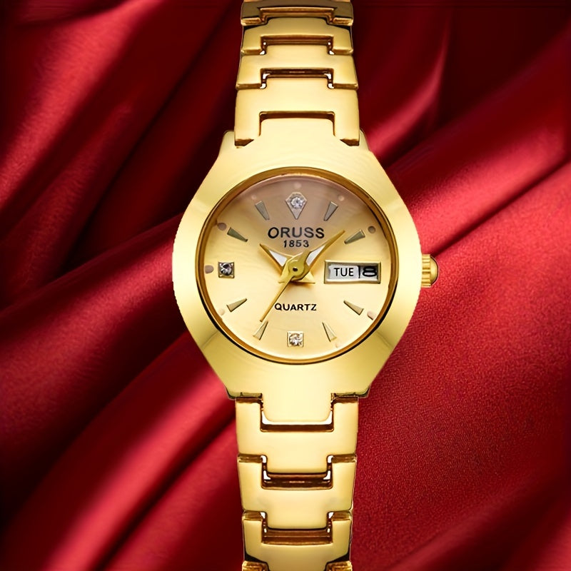 ORUSS Women's Mechanical Watch - Gold Dial with Date, Stainless Steel Bracelet - Elegant Luxury Timepiece