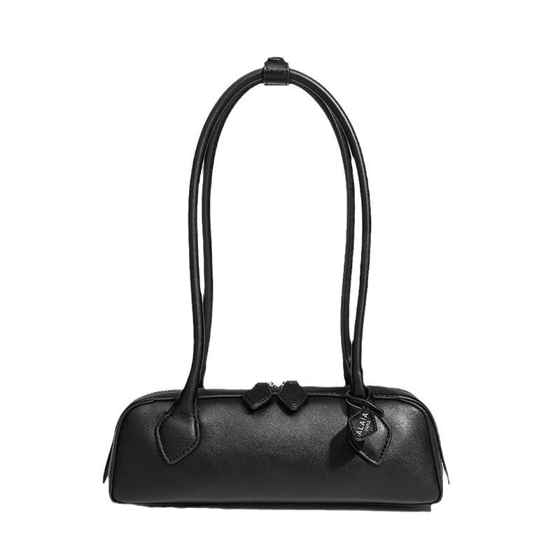 Women's Split Leather Retro Baguette Sausage Bag - Two-Tone Underarm Handbag with Gold-Tone Hardware