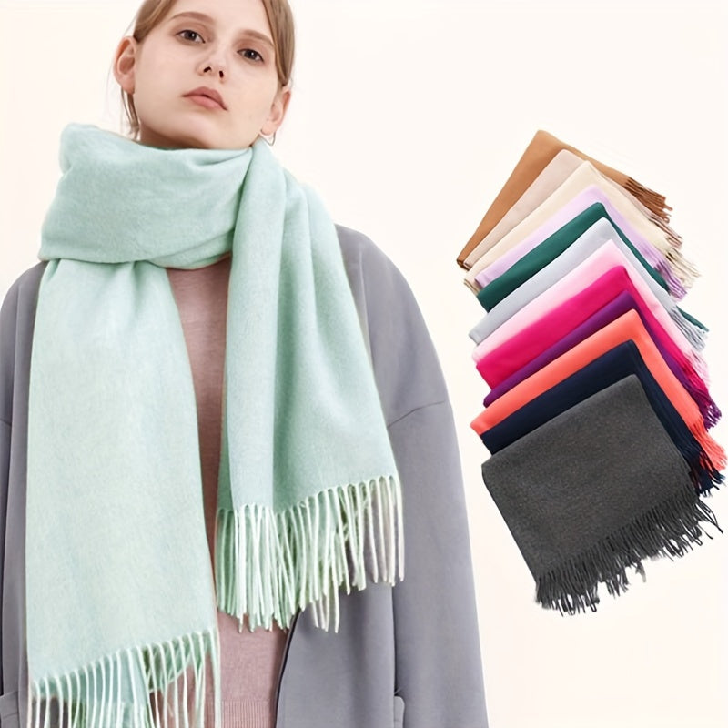 Unisex 100% Cashmere Scarf – Soft Tassel Shawl & Headscarf for Autumn & Winter, Neutral Solid Wrap