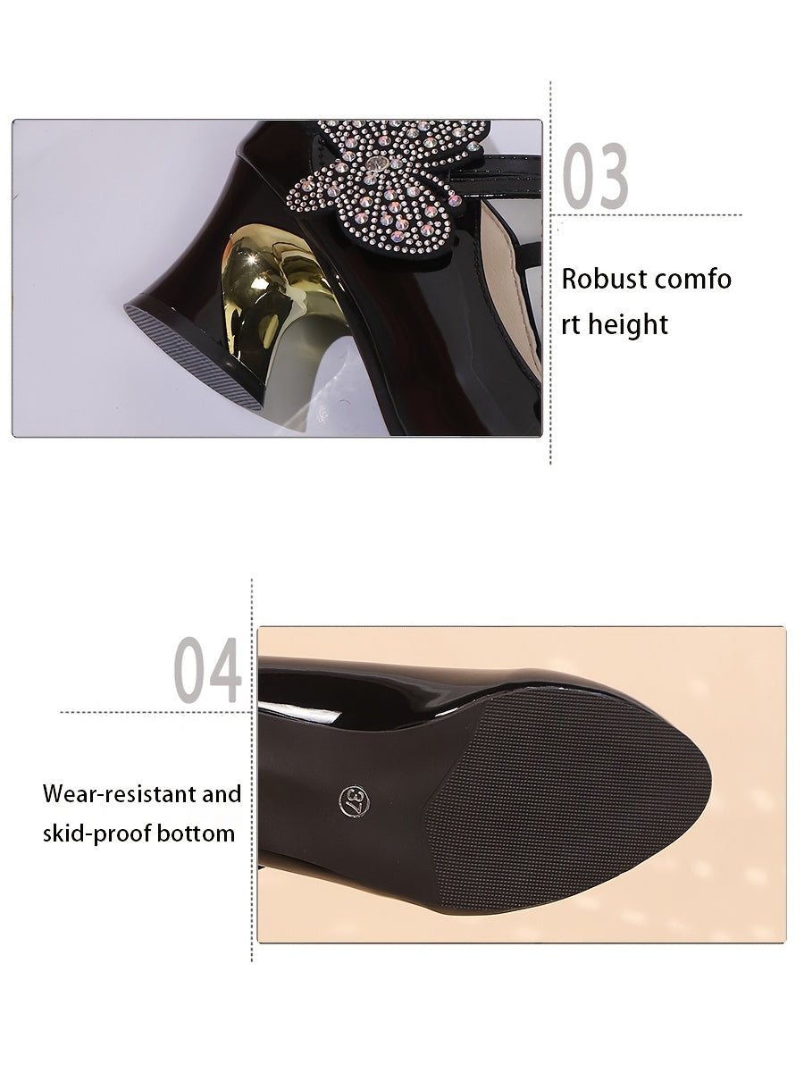 Women's Red Mary Jane Heels with Sparkling Bow & Rhinestone Accent — Chunky Block Heel, Round Toe, Synthetic Upper & Rubber Sole