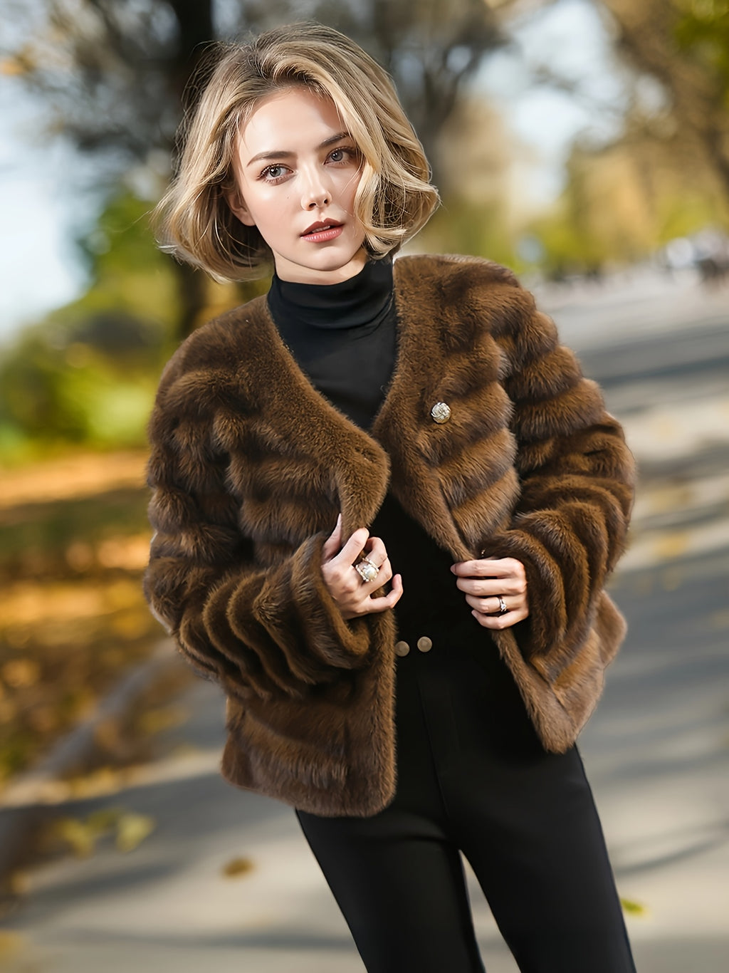 Women's Faux Leather Ombre Winter Coat with Faux Fur Trim — Elegant Cold-Weather Jacket