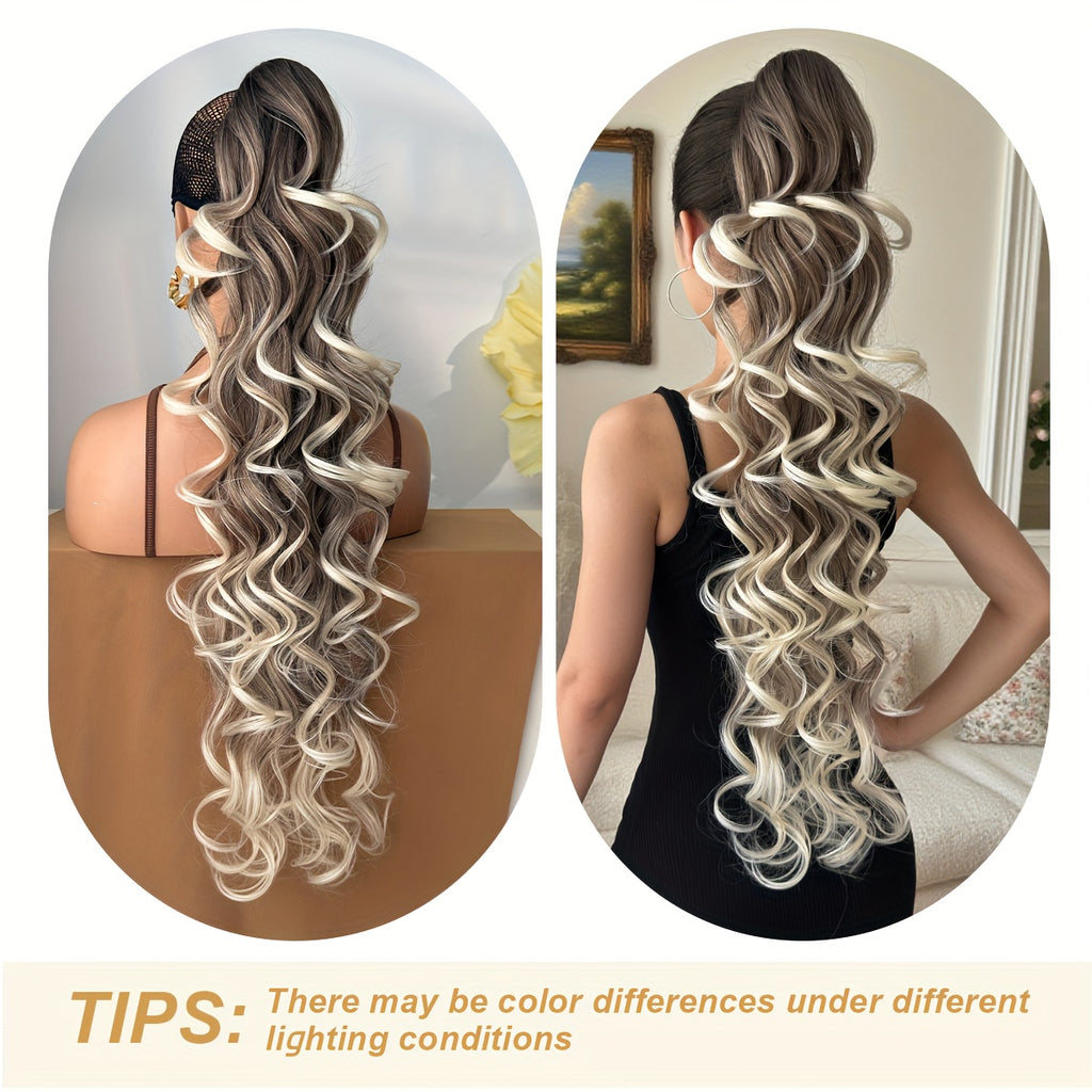 32 in (81 cm) Deep Wave Claw Ponytail Extension - Heat-Resistant Synthetic Clip-In, Burgundy/Brown/Black/Red Gradient