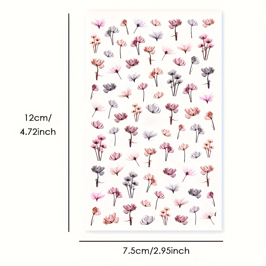 Gradient Bloom Watercolor Flower Nail Stickers - 1 Sheet Self-Adhesive Semi-Gloss Floral & Leaf Decals for Elegant Manicures