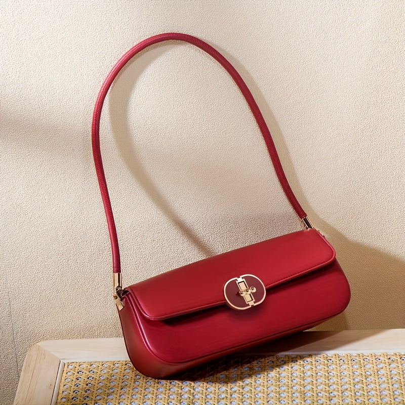 Women's French Baguette Shoulder Bag – PU Leather Baguette Purse with Gold Hardware, Compact Underarm Handbag (Burgundy / Dark Brown)