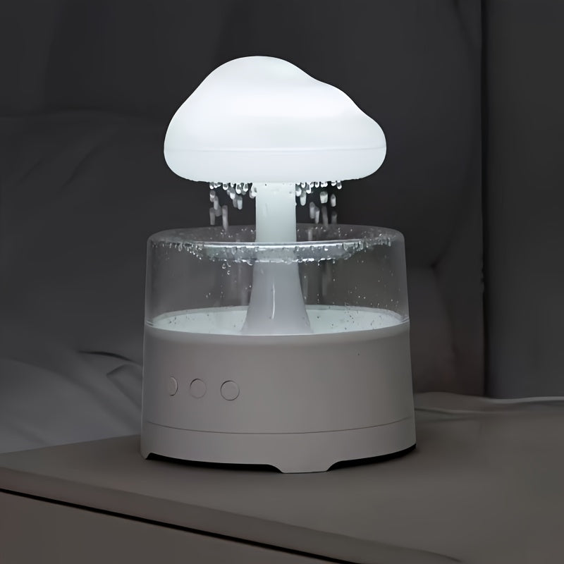 Rain Cloud Aroma Diffuser, 7-Color Mushroom Waterfall Humidifier with Night Light & Water Droplet Sound, USB Powered (White)
