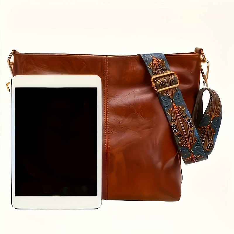 Women's Bohemian Large-Capacity Bucket Shoulder Bag – Vintage PU Leather Crossbody with Adjustable Detachable Strap & Zip Closure (Dark Brown, Black)