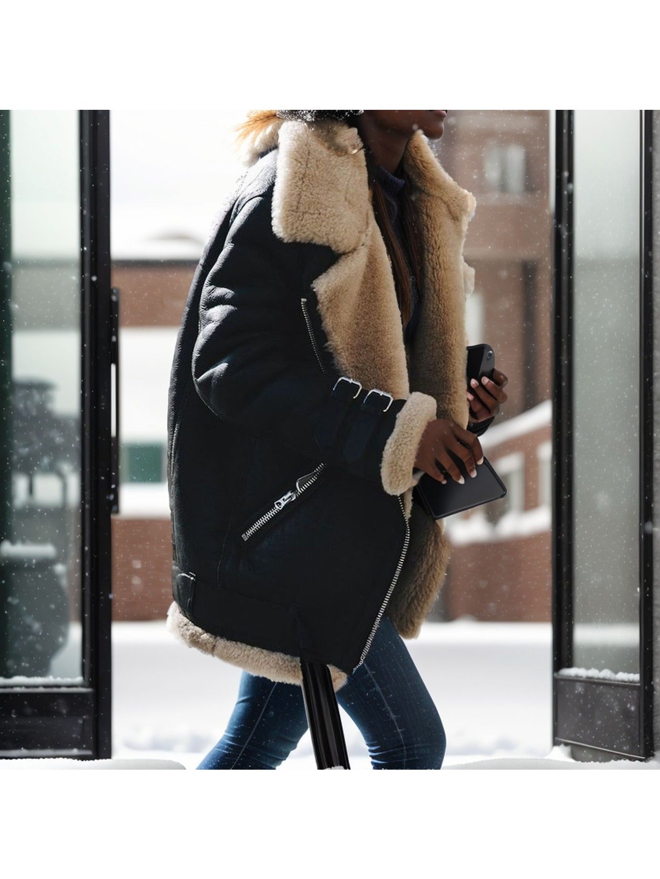 AFTF BASIC Women's PU Leather & Plush Faux Fur Jacket - Motorcycle Biker Coat with Asymmetrical Zipper, Structured Slim-Fit Tailored Longline, Golden-Tone Hardware, All-Season Brown/Black Outerwear (Hand Washable) for Motorcy