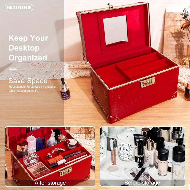 Retro Leather-Look Makeup Train Case with Combination Lock — 12.5 in (32 cm) Red Crocodile Cosmetic Organizer