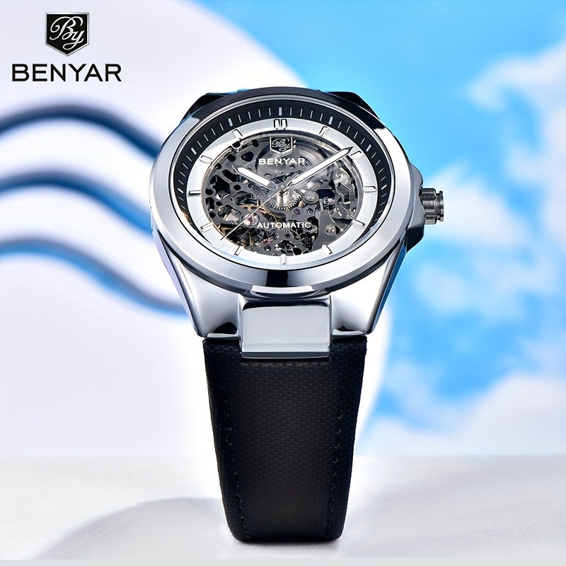 BY BENYAR Automatic Mechanical Unisex Watch – Luminous Round Dial, Blue & Gold Accents, PU Faux Leather Strap