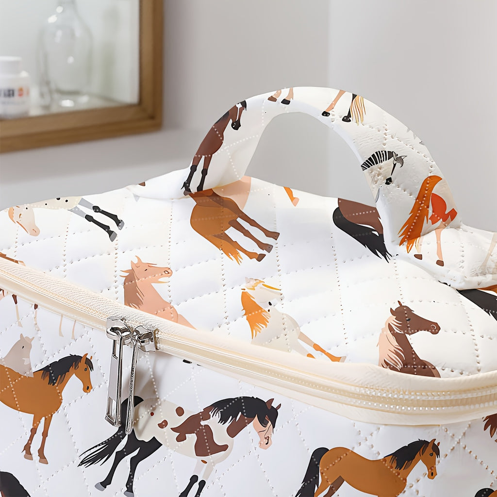 Horse Print Makeup Bag - Travel Cosmetic Case Organizer for Brushes & Toiletries, Durable Polyester, Zip Closure, Multi-Compartment