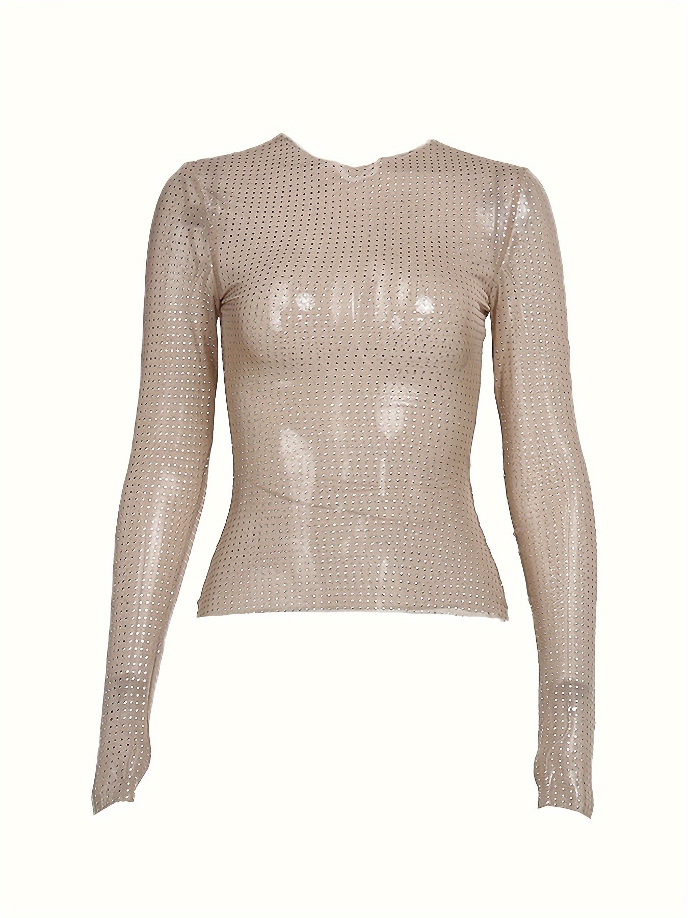 Women's Semi-Sheer Mesh Long Sleeve Slim Fit Crew Neck Top - Stretchy Breathable Blouse for Spring Summer Fall