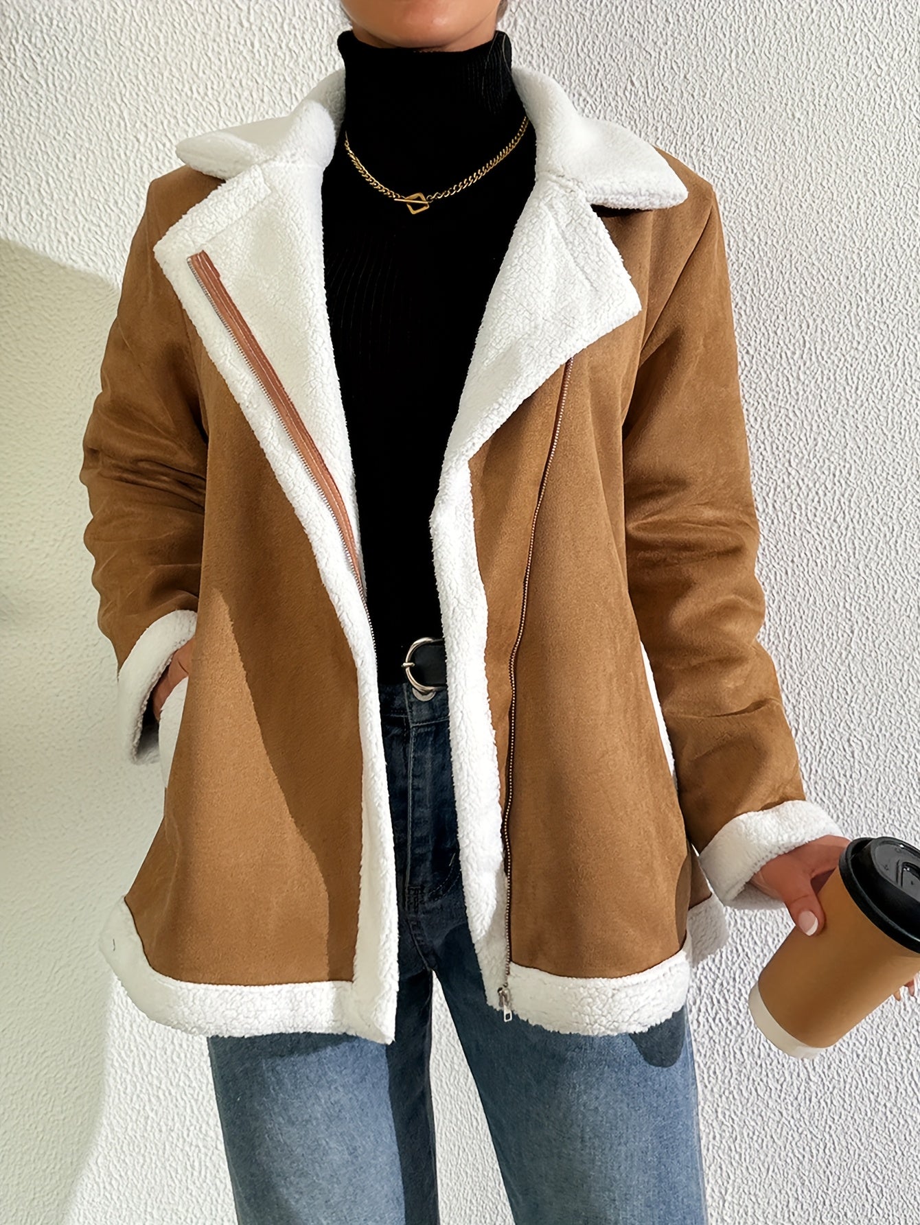 Women's Faux Fur Trim Jacket – Minimalist Elegant Faux Leather Outerwear, Warm & Machine Washable