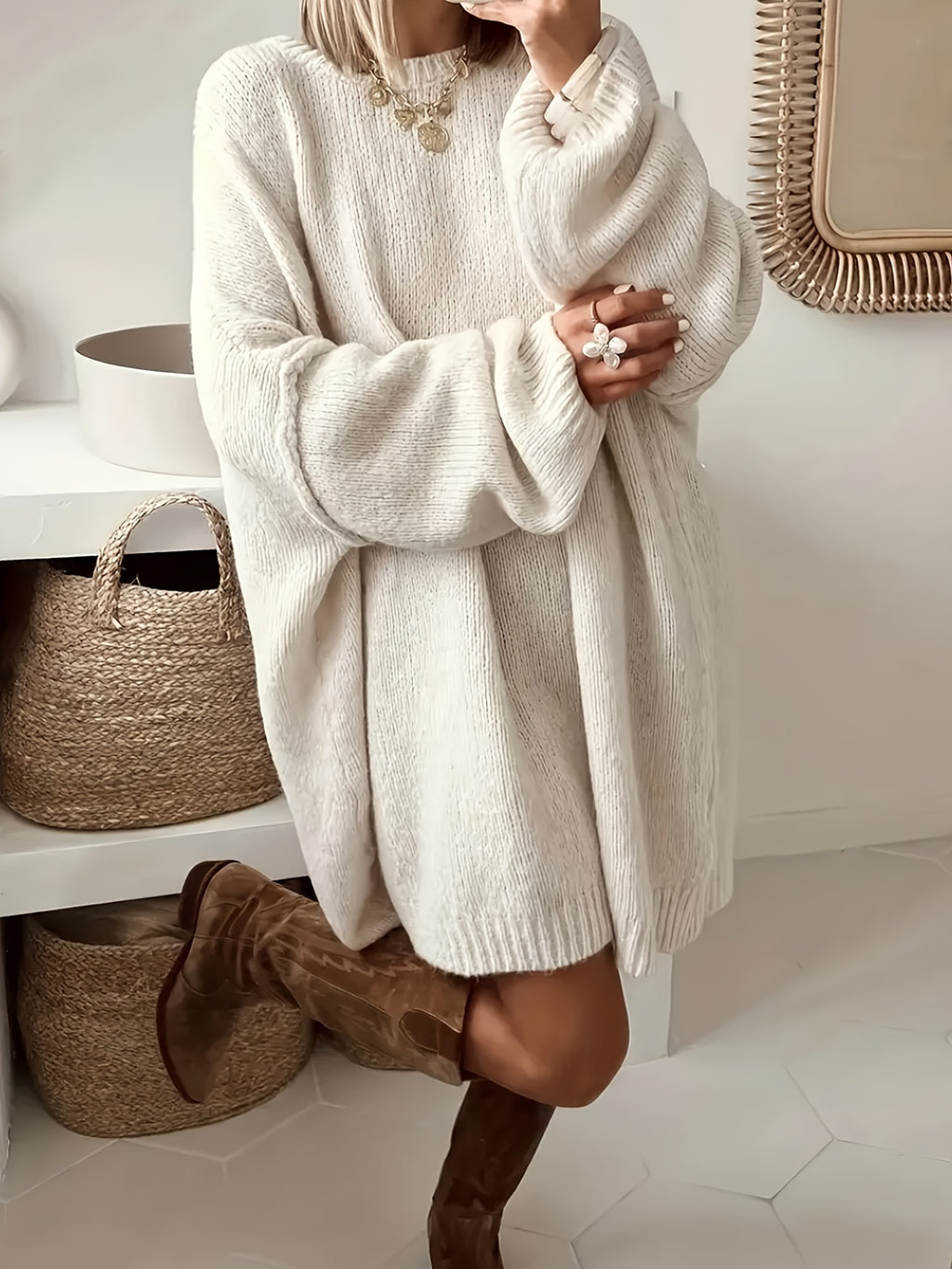 Plus Size Oversized Sweater Dress - Soft Beige Long Knit Pullover Coat, Crew Neck, Relaxed Fit, Machine Washable