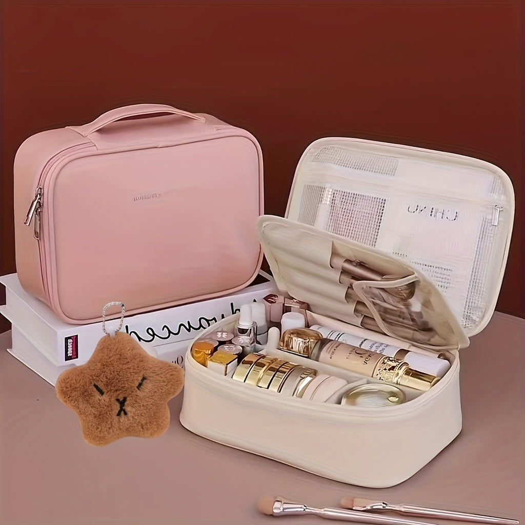 2-Piece Travel Makeup Bag Set - Large Capacity Multi-Layer Faux Leather Cosmetic Organizer with Detachable Brush Holder (White, Black, Pink, Dark Brown)