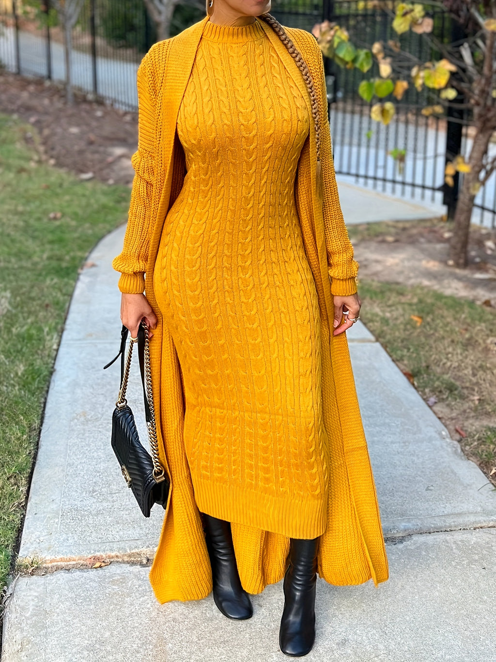 Round Neck Twist Corduroy Sweater Dress — Long Sleeve Knit, 100% Acrylic