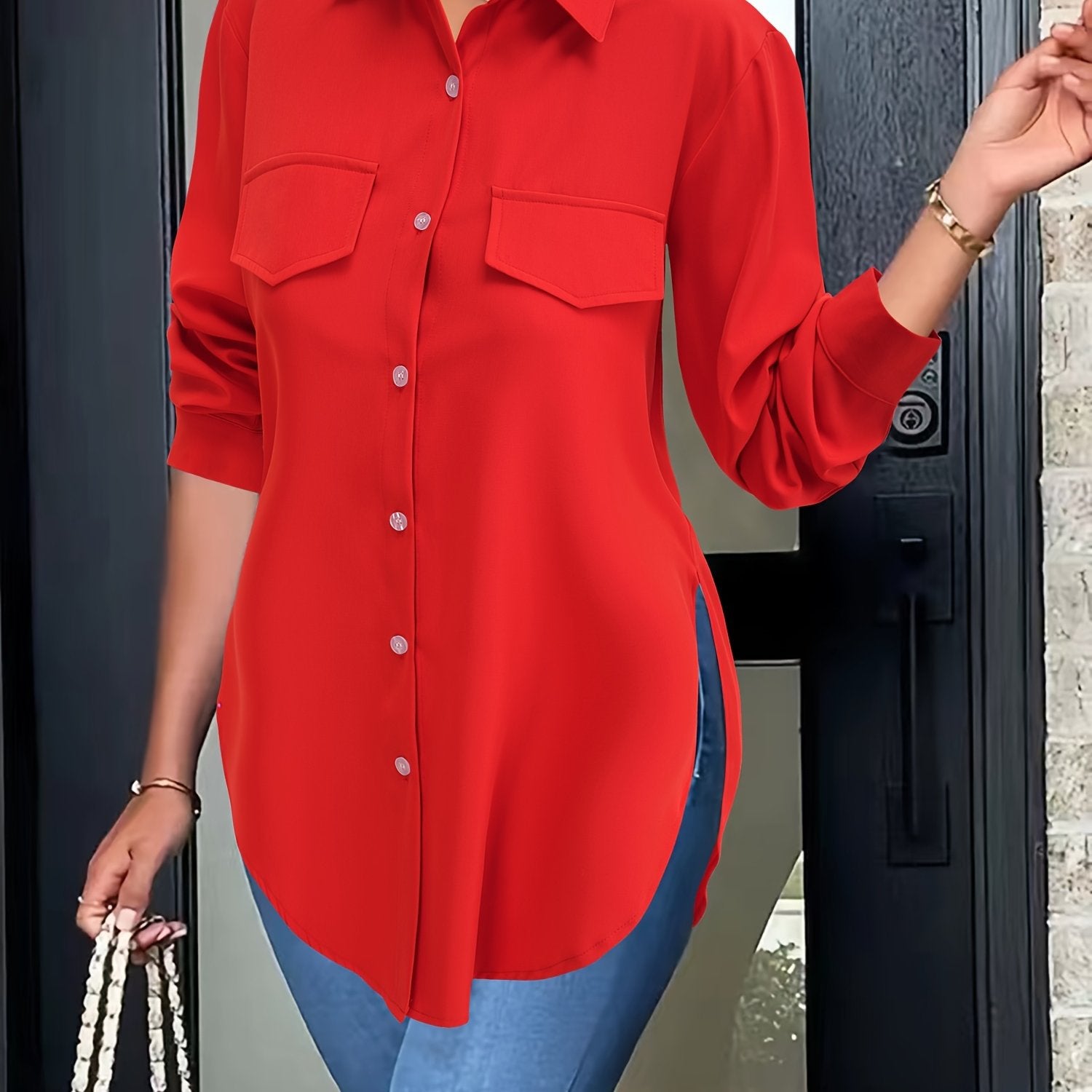 Women's Lapel Collar Button-Front Shirt — Solid Woven Blouse, Lightweight Semi-Sheer All-Season Casual Top