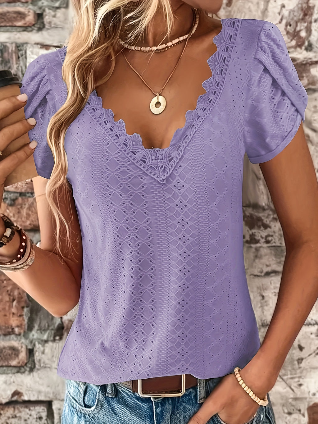 Elegant Women's Lace V-Neck Top — Petal Short Sleeves, Lightweight Summer Blouse