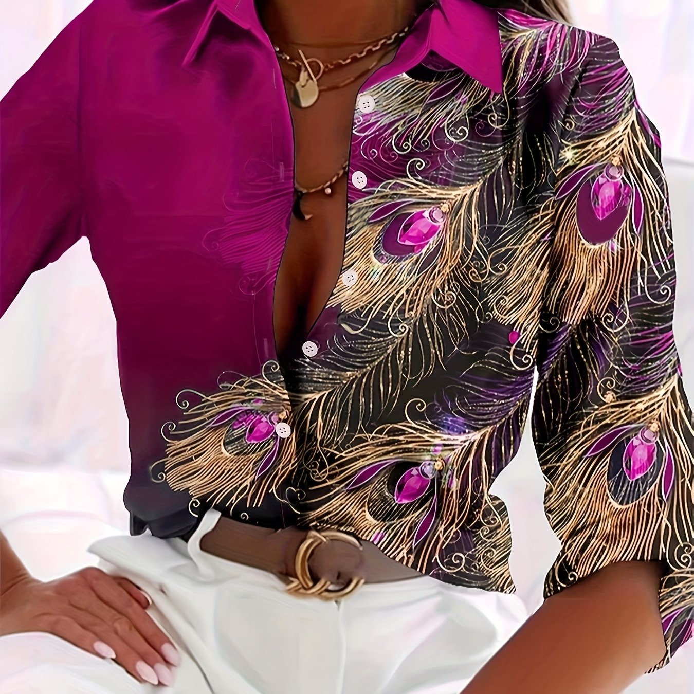 Women's Peacock Print Button-Front Blouse - Turquoise with Gold Buttons, Lapel Collar, All-Season Office & Party Top
