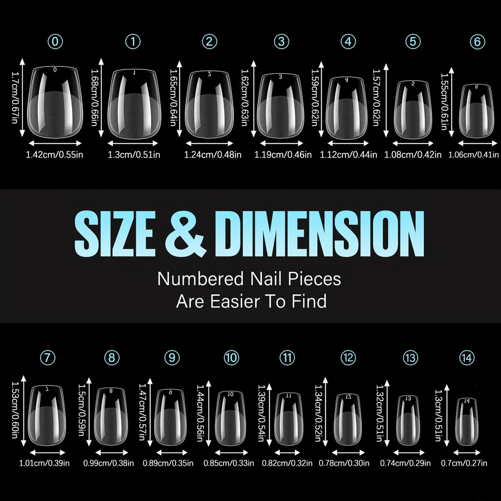 510-Pack Ultra-Short Square Press-On Nails, 15 Sizes, Clear Acrylic Glossy Tips for DIY & Salon Manicures