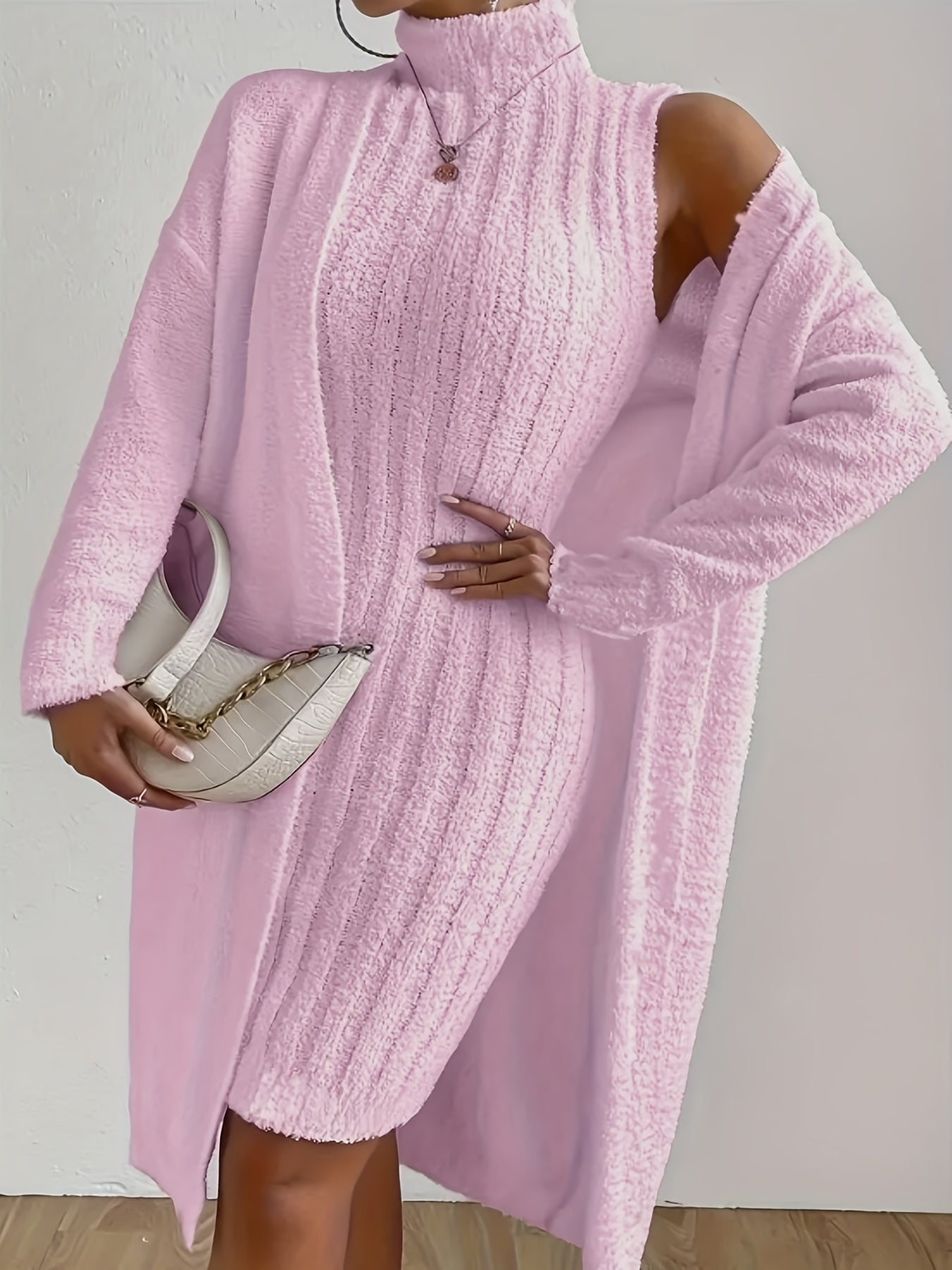 Plus Size Cozy Teddy Bear Sweater Dress & Strapless Cardigan Set - Red Ribbed Knit Two-Piece for Fall/Winter