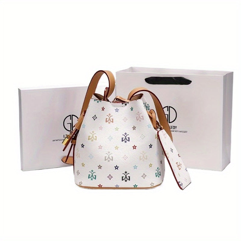 Women's Convertible Bucket Bag – Split Leather Crossbody Handbag with Adjustable Strap, Buckle Closure, Coffee Brown & Beige