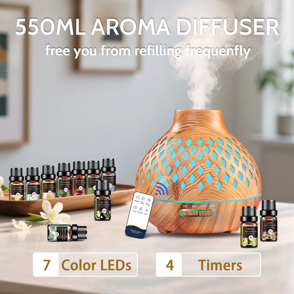 550ml (18.6 fl oz) Ultrasonic Essential Oil Diffuser with 12-Pack Oils, Remote, 7-Color LED & Timers — Large Aroma Humidifier for Bedroom Spa Yoga Hotel