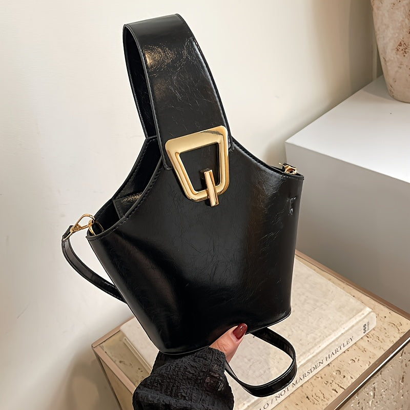 Elegant Women's PU Leather Bucket Crossbody Bag – Small Zippered Crossbody with Detachable Adjustable Strap & Gold-Tone Hardware