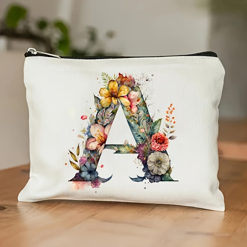 Alphabet Floral Canvas Pouch A-Z - Floral Canvas Cosmetic Bag & Clutch, Toiletry and Pen Case | Gift for Mom, Daughter, Teacher