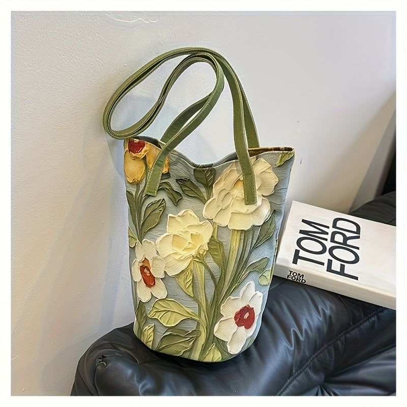 Women's Floral Bucket Handbag - Large Capacity Oxford Tote with Oil Painting Flower Design, Buckle Closure & Fixed Shoulder Strap (Black, Blue, Green)