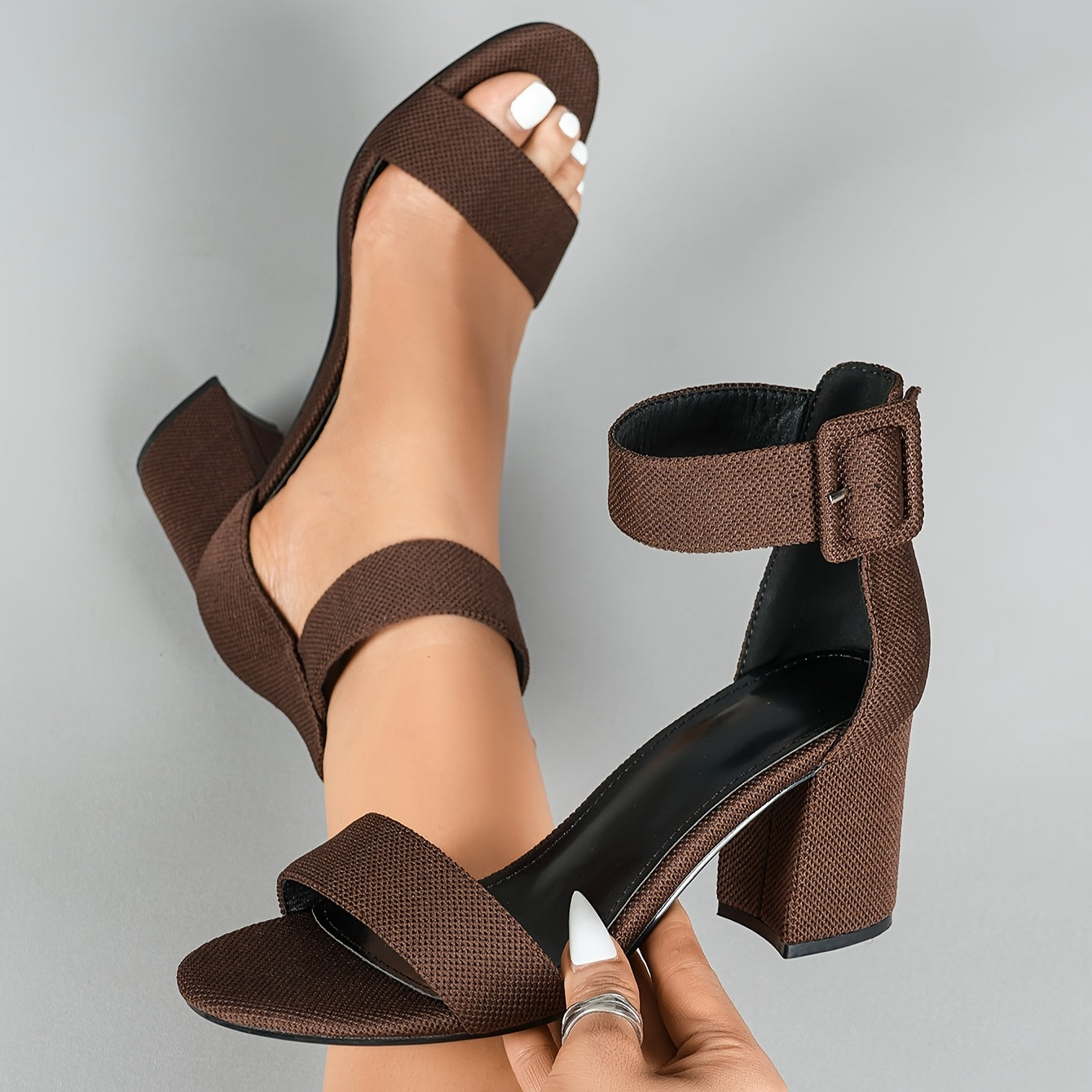 Lightweight Breathable Women's Knit Heeled Sandals - Minimalist Open Toe Block Heel with Adjustable Ankle Strap, 11 Colors