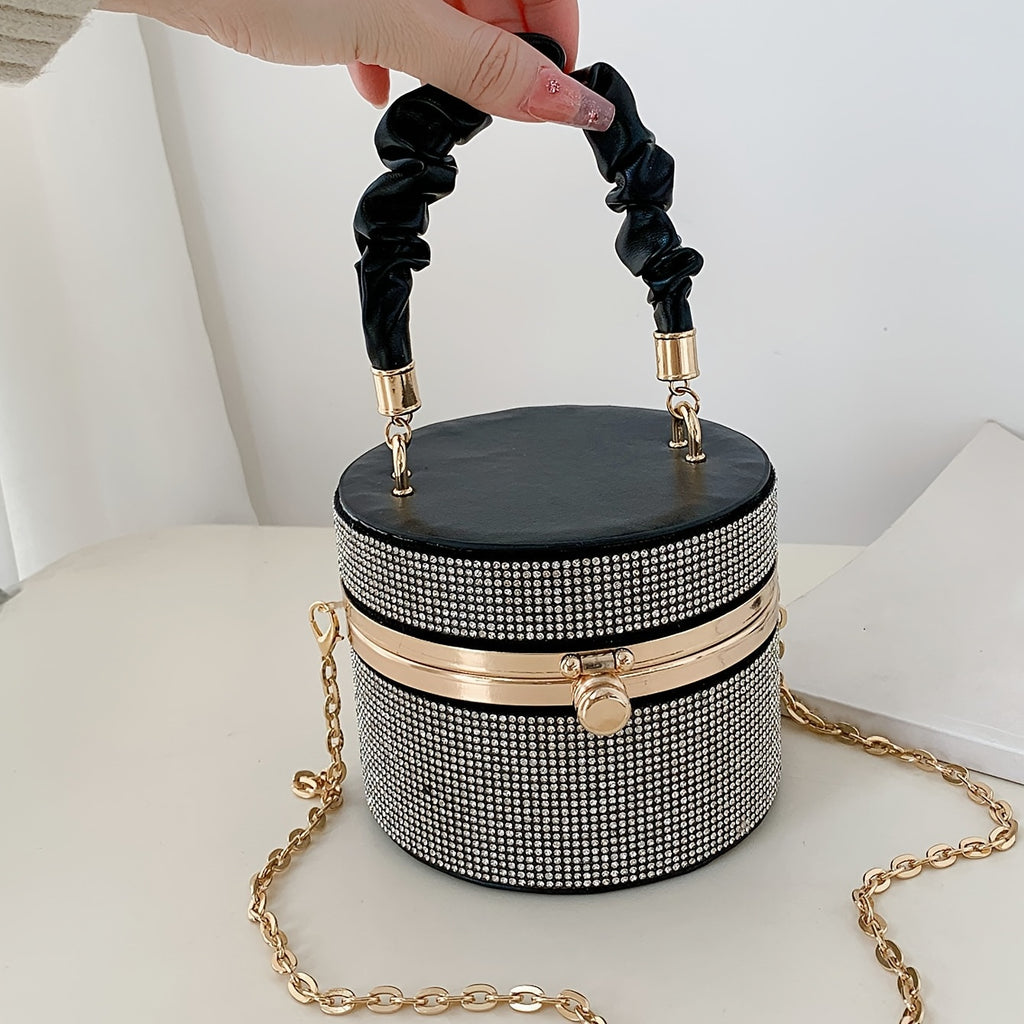 Mini Rhinestone Bucket Bag – Ruched Chain Shoulder Evening Purse, 3.9 x 4.7 x 4.7 in (10 x 12 x 12 cm)