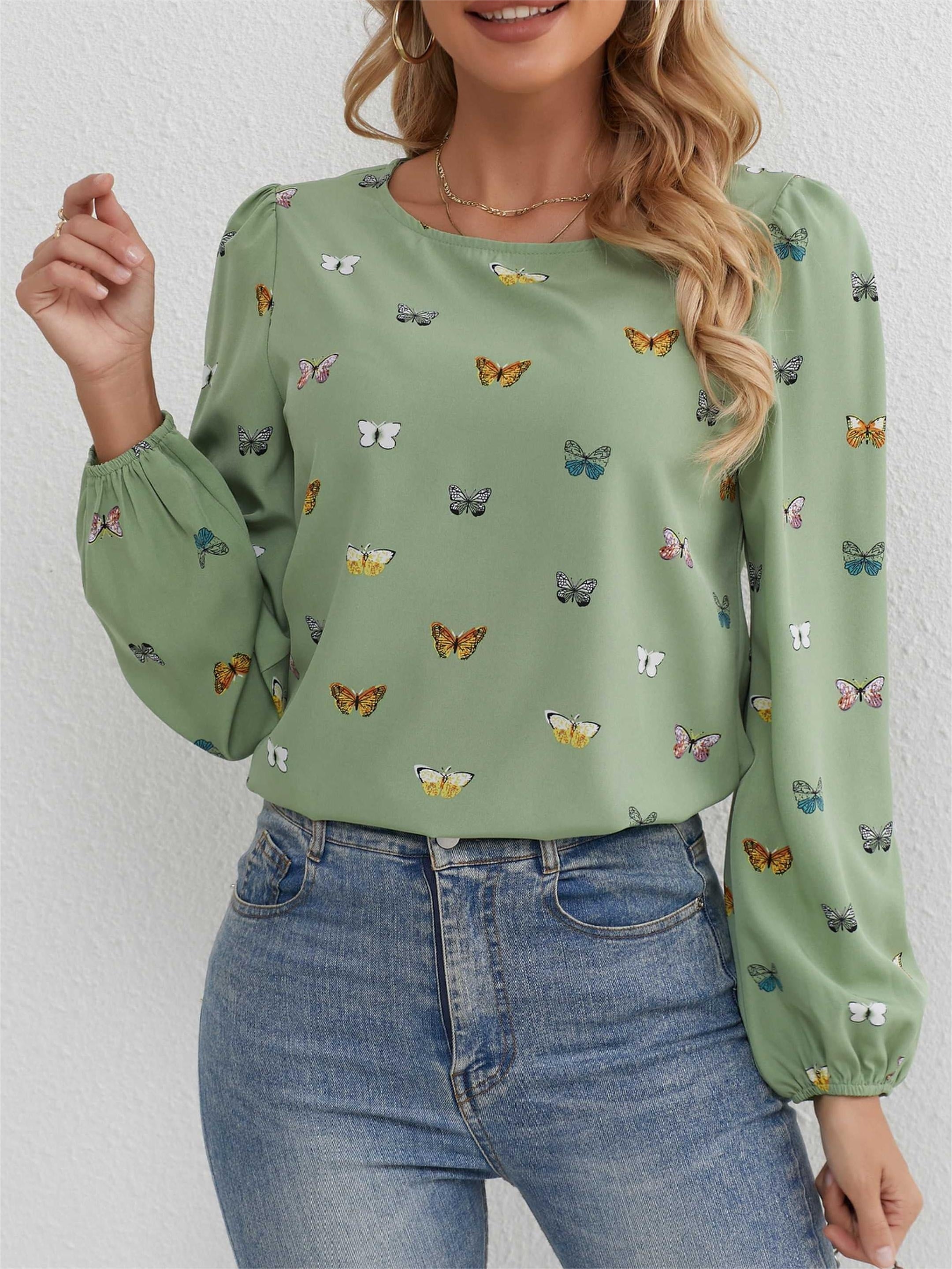 Women's Light Green Butterfly Print Blouse Long Sleeve Ruffle Crew Neck Top for Spring Summer Fall