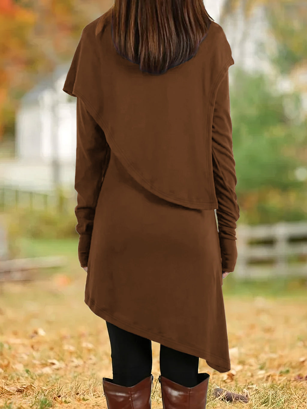 Women's Asymmetrical High-Neck Long Sleeve Tunic Dress, Knit Polyester Pencil Skirt, All-Season Casual