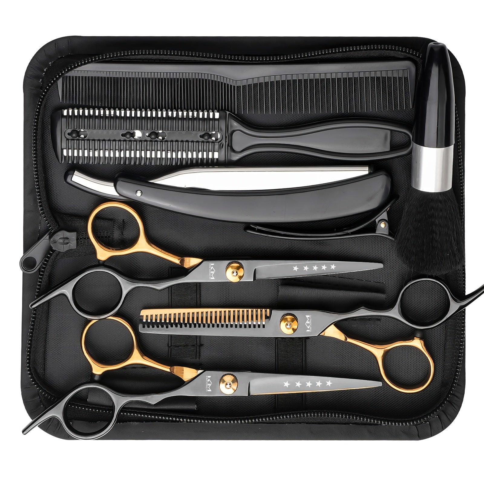 TINMARDA 10pc Professional Hair Cutting Kit – 6.5 in (16.5 cm) Scissors Set with Texturizing Shears, Comb & Cleaning Brush, Black Stainless Steel