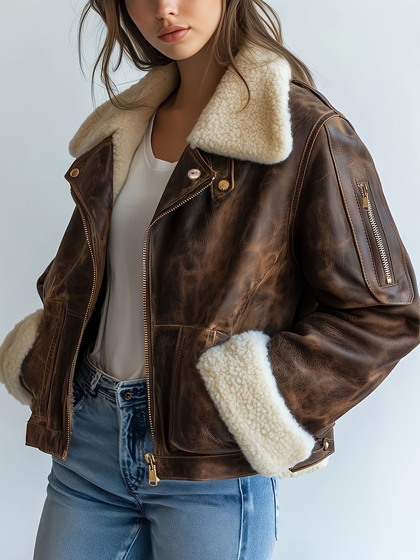 Women's Faux Leather Jacket with Fluffy Collar, Long Zip-Up Coat with Pockets — Brown All-Season Casual Chic