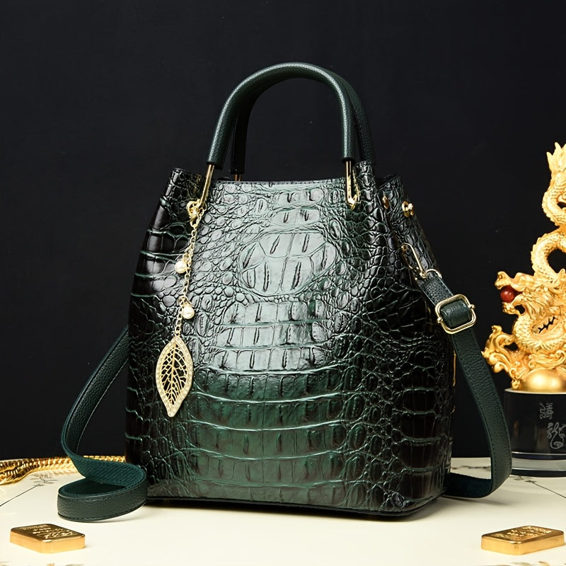 Women's Minimalist Crocodile PU Bucket Bag – Zipper Closure, Removable Strap Hand & Shoulder Bag (White, Red)