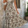 Green Floral V-Neck Maxi Dress, Cinched Waist A-Line with Short Batwing Sleeves — Glossy Polyester for Spring/Summer