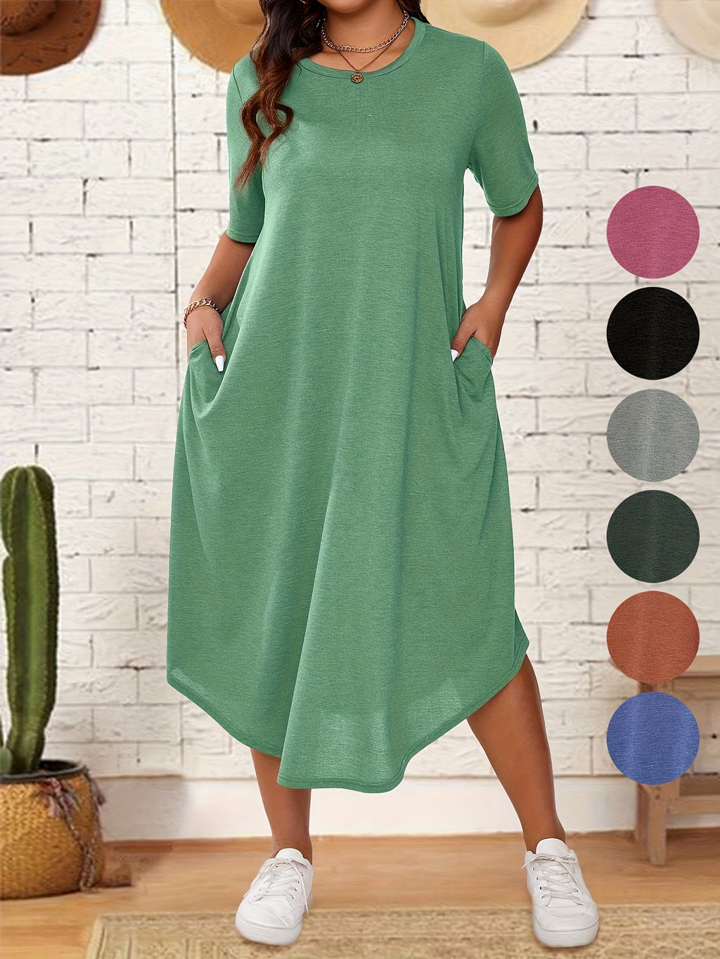 Plus Size Solid Crew Neck Tunic Dress - Casual Short Sleeve Summer Dress for Women