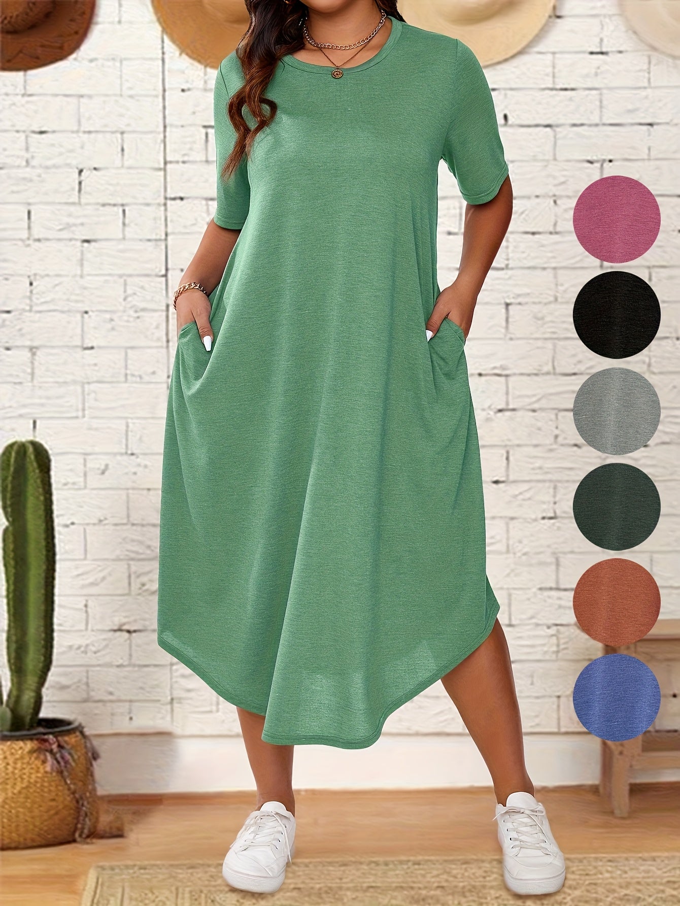Plus Size Solid Crew Neck Tunic Dress - Casual Short Sleeve Summer Dress for Women