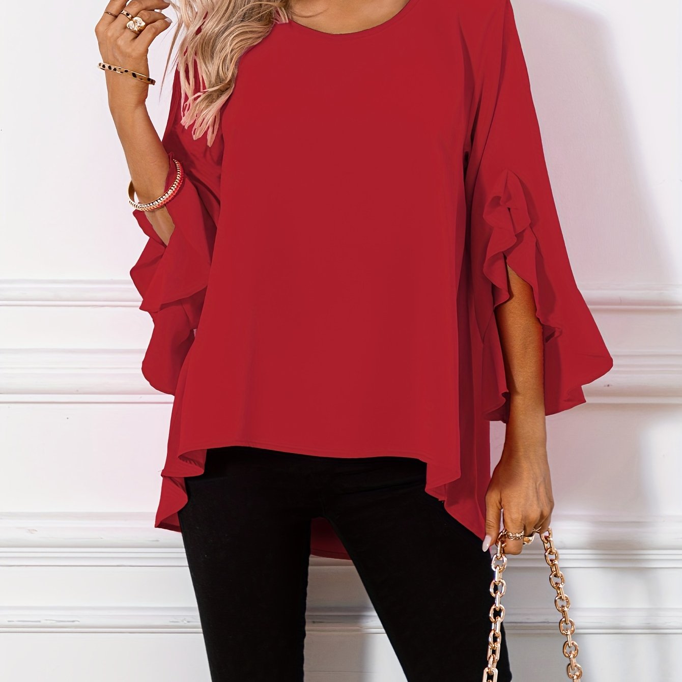 Women's Solid Crew Neck Ruffle Sleeve Blouse – Elegant Spring & Summer Woven Top