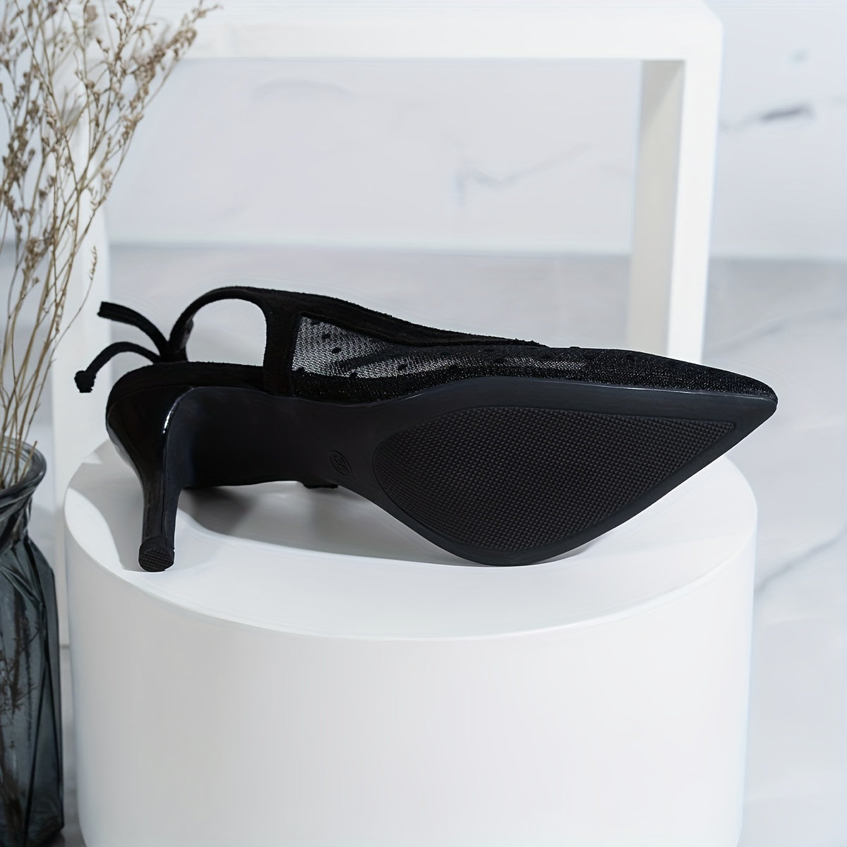 Women's Mesh Pointed Toe Slingback Stiletto Heels with Ankle Bow and Elastic Strap - Breathable Comfortable Dress Shoes