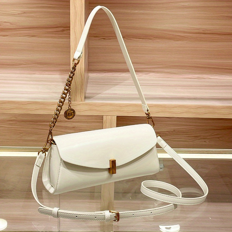 White French Baguette Crossbody Bag for Women — Gold-Tone Chain & Removable Shoulder Strap, Magnetic Closure, Split Leather