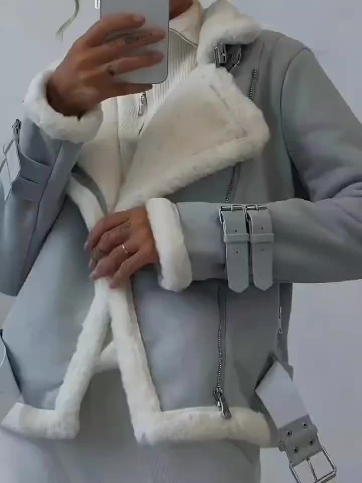 Women's Brown PU Leather Bomber Jacket with White Faux Fur Trim – Zip-Up Motorcycle Style, All-Season Casual Coat