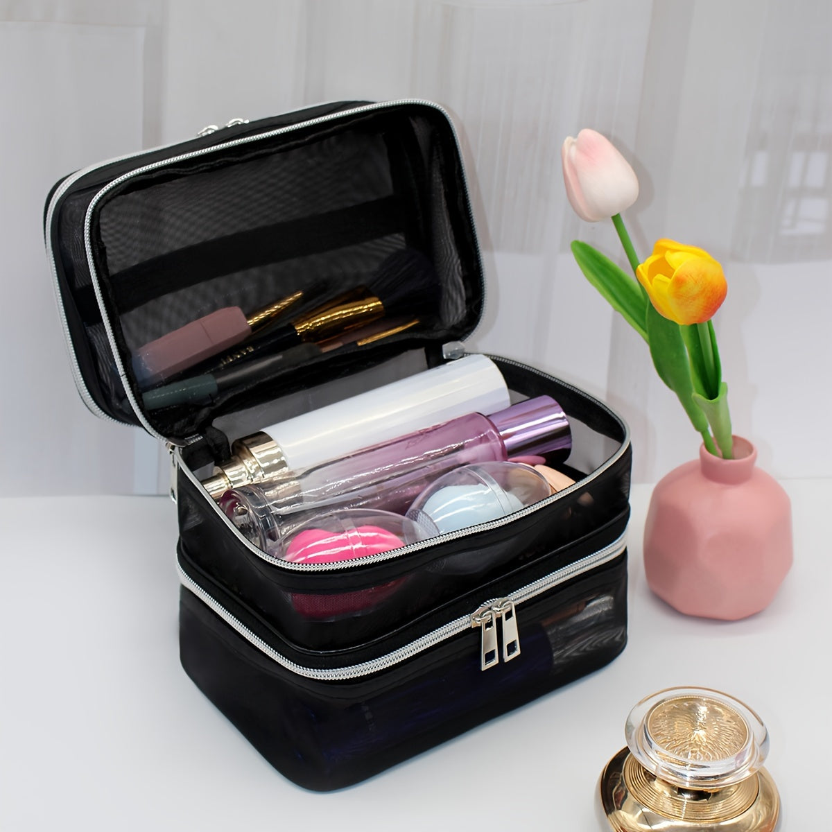 Large Capacity Nylon Multi-Layer Makeup Bag Organizer, Mesh Cosmetic Pouch for Travel & Home, Portable Unisex