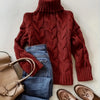 Women's High-Neck Cable Knit Sweater - Soft Blue Loose-Fit Long Sleeve Pullover for Fall & Winter